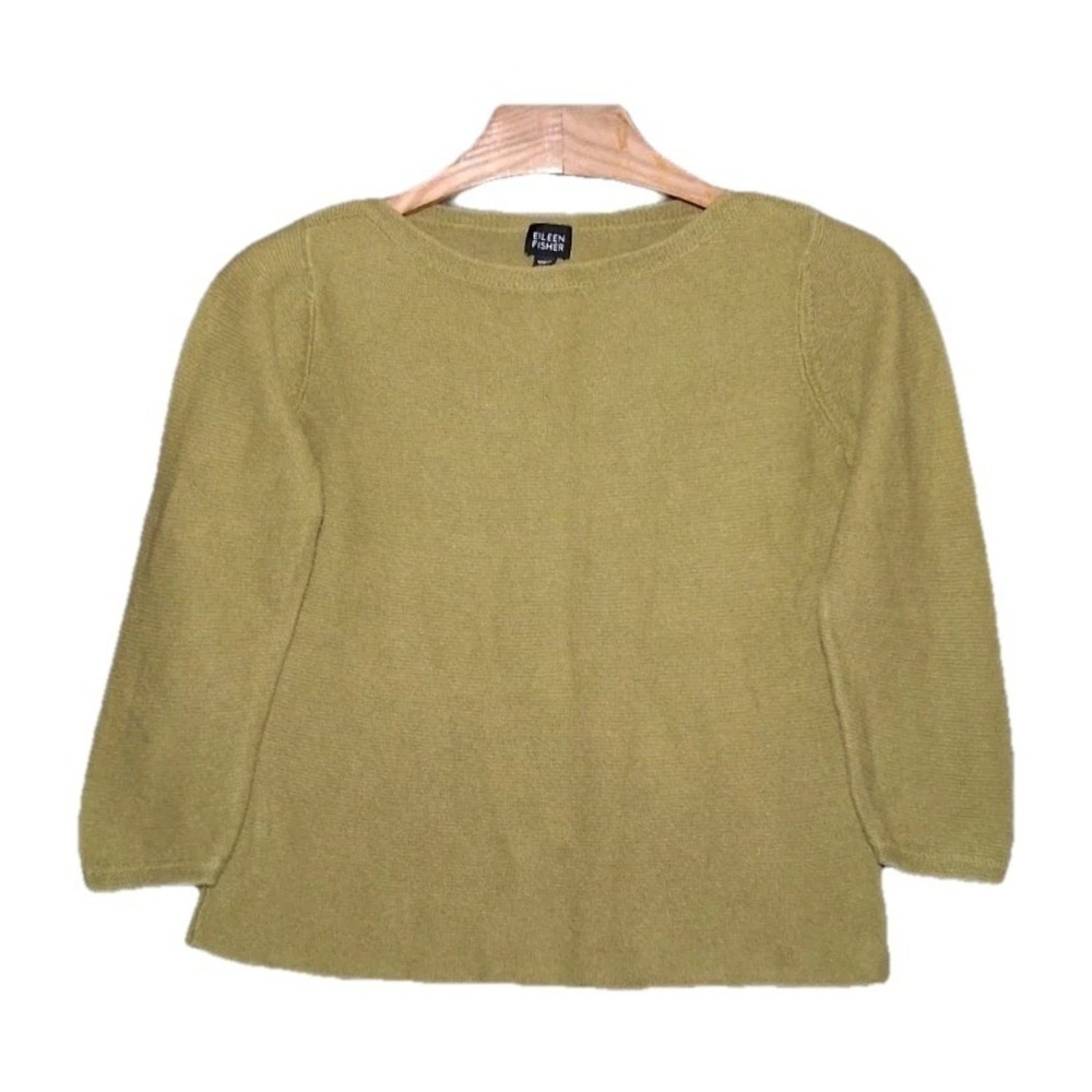 Eileen Fisher Womens Green Knit Boxy Top Small Linen Cotton 3/4 Sleeves Pullover
